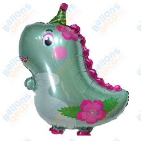 Ballon Dinosaure Avec Chapeau de Fête Vert pale, décoration ballon d'anniversaire.