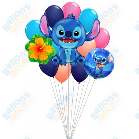 Ballons Stitch en Grappe avec une Fleur Hibiscus Luxe, décorations ballon anniversaire Disney.