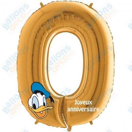 Ballon Donald Chiffre Or numéro Zéro Disney, Décorations ballons pour anniversaire.