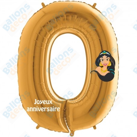 Ballon Jasmine Chiffre Or numéro Zéro Disney, Décorations ballons pour anniversaire.