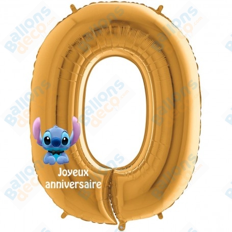 Ballon Stitch Chiffre Or numéro Zéro Disney, Décorations ballons pour anniversaire.