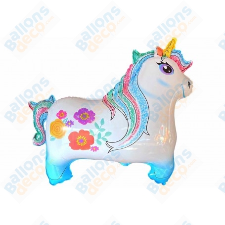 Ballon Licorne Bleu Avec des Fleurs, décoration ballon anniversaire avec des licornes