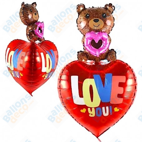 Ballon Ourson Coeur 3D Love You St-Valentin, décoration ballons