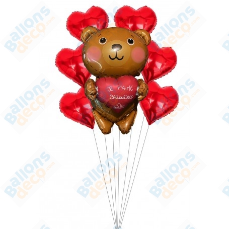 Ballons Ourson Personnalisable Coeurs Rouges en Grappes St-Valentin