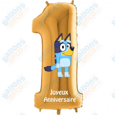 Ballon Chiffre Un Chien Bluey Or Disney, Décorations ballons pour anniversaire.