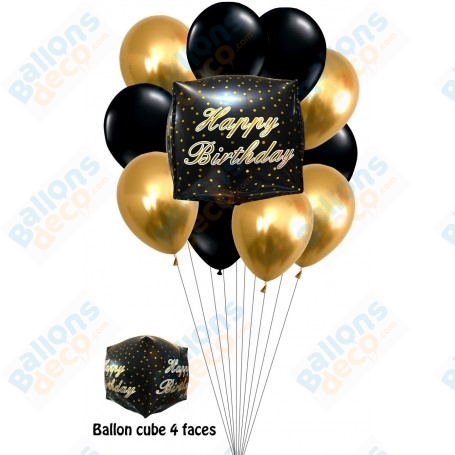 Ballons Happy Birthday Noir et Or en Grappe
