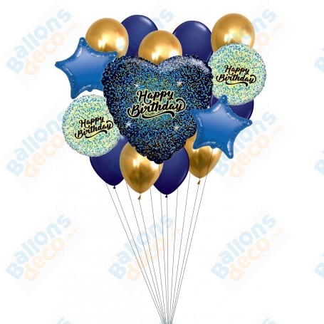 Ballons Happy Birthday Bleu Coeur en Grappe Anniversaire
