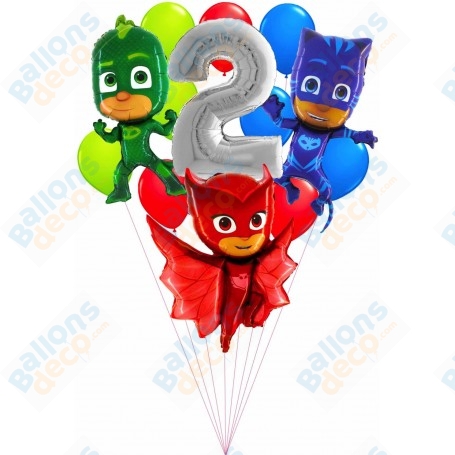 Ballons Pyjamasques en Grappe Avec Chiffre 2 ans Argent Anniversaire, Décorations ballons pour anniversaire.