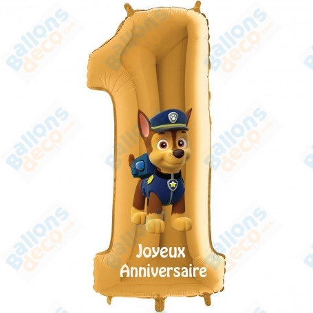 Ballon Chase Pat Patrouille Chiffre Un Or, décorations ballon Anniversaire.