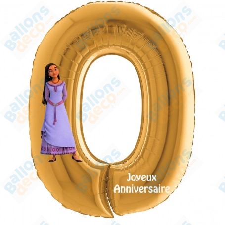 Ballon Wish Asha Chiffres Zéro Or 66 cm Disney, décoration ballon anniversaire Disney Avec des princesses.