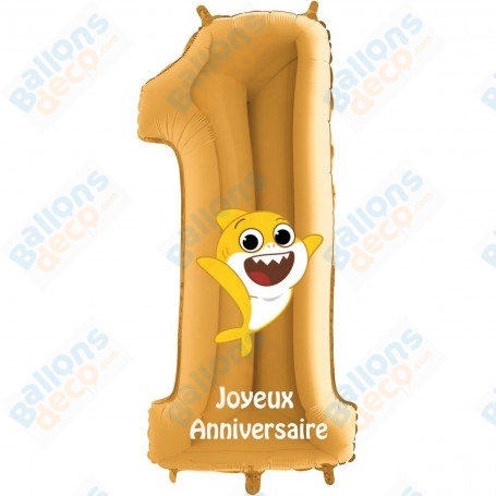 Ballon Baby Shark Jaune Chiffre Or 1 Anniversaire