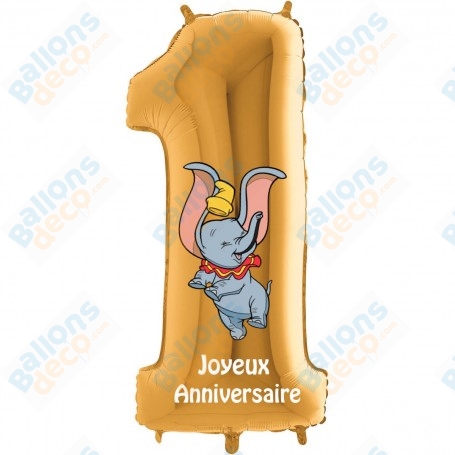 Ballon Dumbo Chiffre Un Or Anniversaire Disney, Décorations ballons pour anniversaire.
