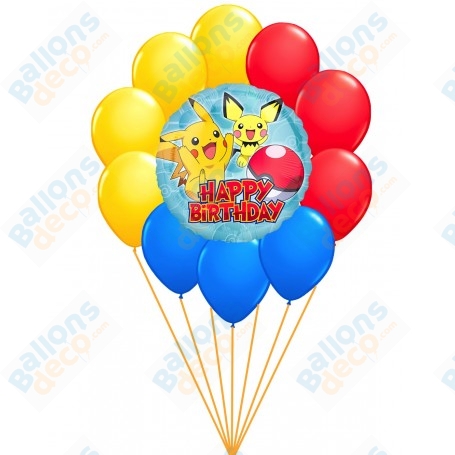 Ballons Pokémon Happy Birthday Pikachu Pichu en Grappe