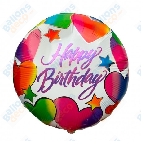 Ballon Happy Birthday Coeurs et Étoiles 45 cm