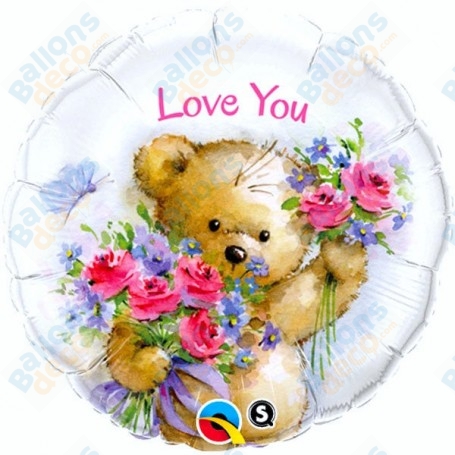 Ballon Ourson Love You Fleurs, décoration ballon Saint Valentin.