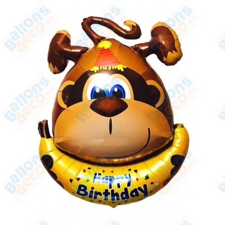 Ballon Singe Marron Happy Birthday Banane, décoration ballon anniversaire avec des animaux de la jungle.