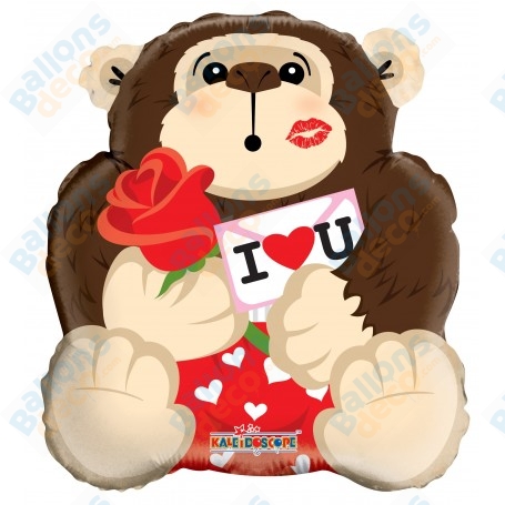 Ballon Singe I Love You avec une rose rouge, décoration ballon St-Valentin, décoration de vitrine magasin.