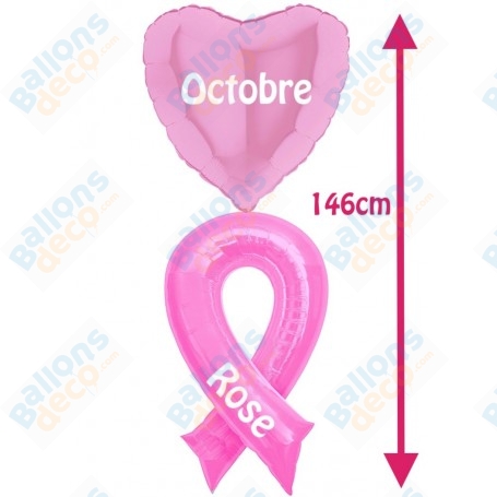 Ballon Octobre Rose Ruban et Coeur 146cm, Cancer du sein.