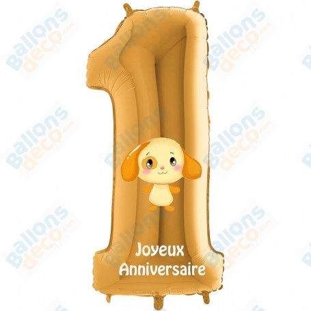 Ballon Chien le monde des Titounis Chiffre Un Or Anniversaire