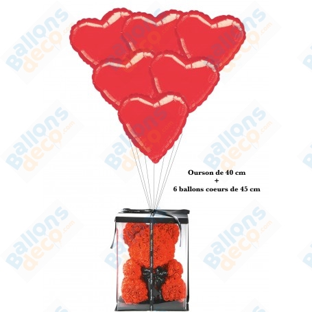 Ballons Coeurs Rouges + Ourson Boite Roses Rouges, Cadeau St-Valentin