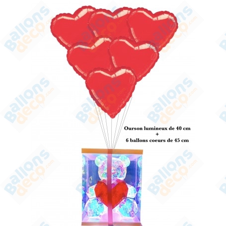 Ballons Coeurs Rouges + Ourson 40 cm Lumineux avec Boite, décoration ballon St-Valentin.