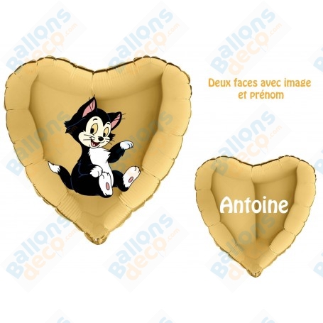 Ballon Figaro le Chat de Pinocchio Coeur Or avec Prénom, Décoration Ballons anniversaire.