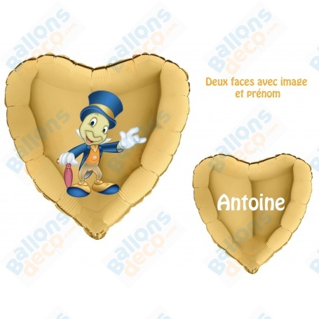 Ballon Jiminy Cricket de Pinocchio Coeur Or avec Prénom, Décoration ballons Disney Anniversaire