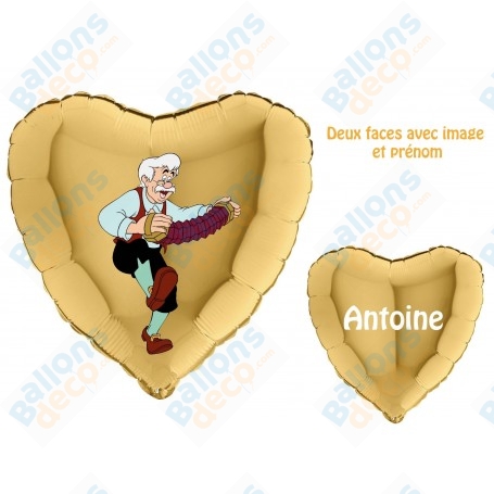 Ballon Geppetto de Pinocchio Coeur Or avec Prénom, décoration Ballon Anniversaire Disney