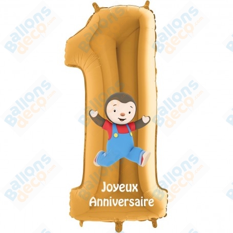 Ballon T'choupi Joyeux Chiffre Un Or 66cm, décoration ballon Anniversaire.