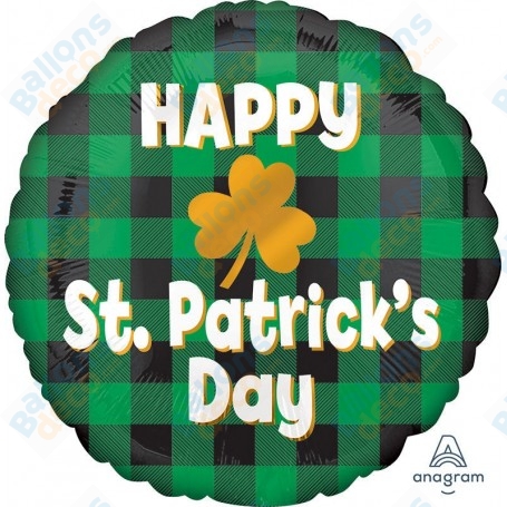 Ballon Happy St Patrick Day Rond Carreaux, décoration ballon fête celtiques.