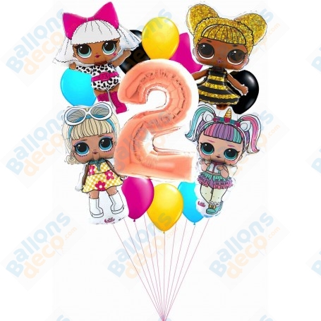 Ballons Poupées Lol en Grappe Avec Chiffre 2 Rose Gold Anniversaire