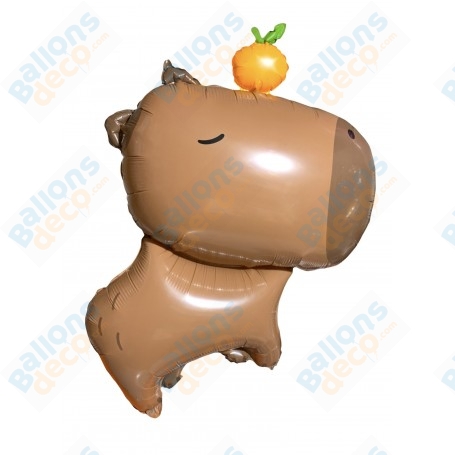 Ballon Capybara avec une Orange, Décorations ballons pour anniversaire ou animaux d'Amérique du Sud.
