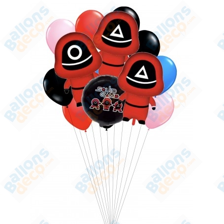 Ballons Squid Game 3 Personnages en Grappe Luxe Netflix, Décorations ballons pour anniversaire.