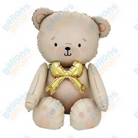 Ballon Ourson Beige Assis avec un Noeud Or, Décoration ballon Naissance, Baptêmes.