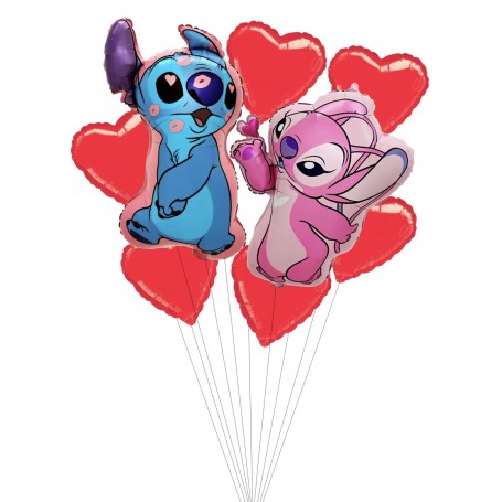 Ballons Stitch et Angel Grappe de Coeurs Rouges, Décorations ballons pour la Saint Valentin.